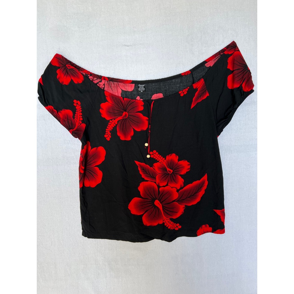 Favant Hawaiian Hibiscus Off the Shoulder Crop Top Beachy Vacation Black Red Y2K